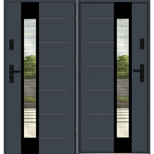Дверь входная со стеклом PORTO D1036B с черной ручкой штангой термо в коттедж дом теплая серая белая дуб