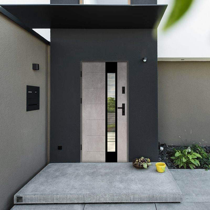 Дверь входная со стеклом PORTO D1036B с черной ручкой штангой термо в коттедж дом теплая серая белая дуб